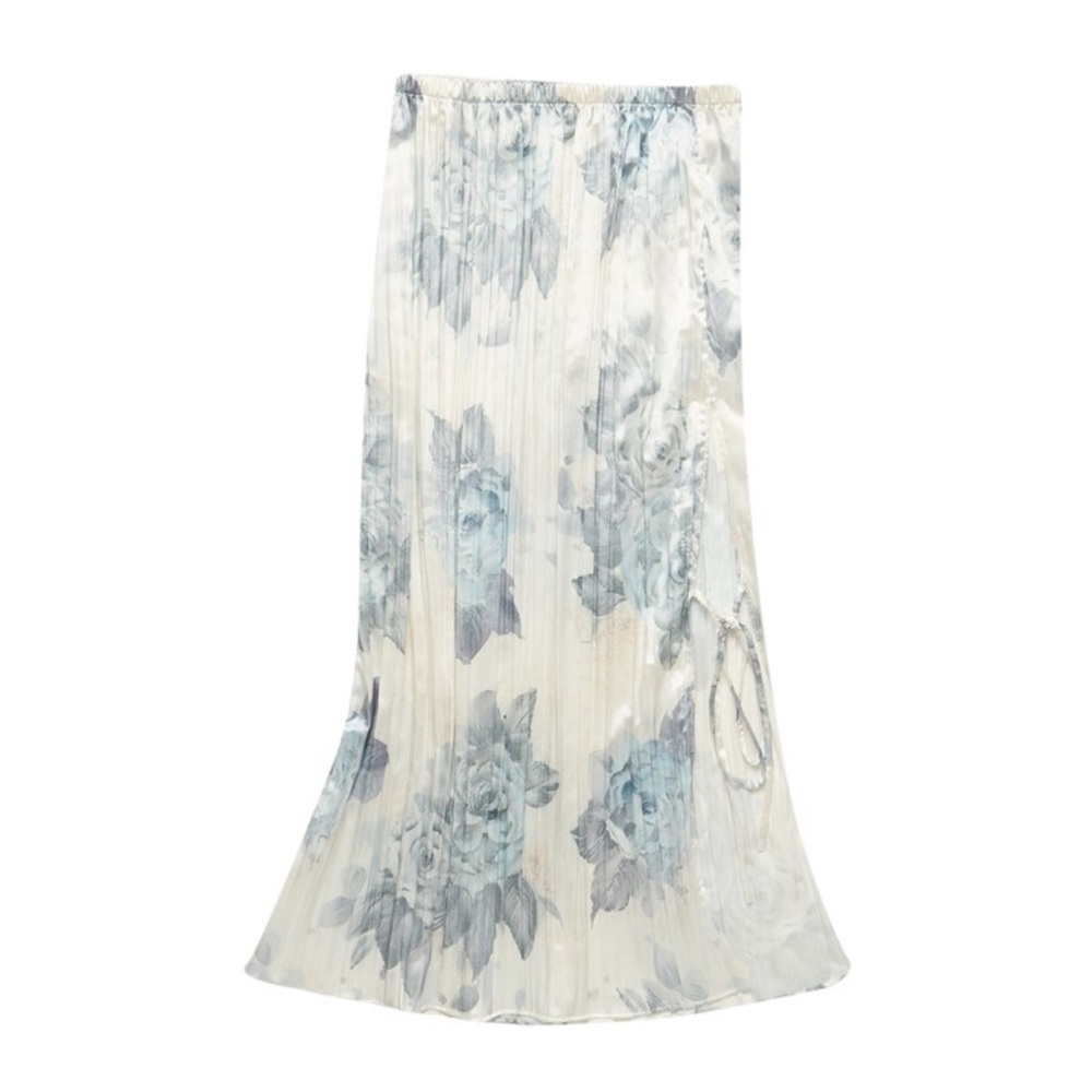 Acne Studios White and Blue Satin Pleated Floral Skirt- Size 36- BNWT